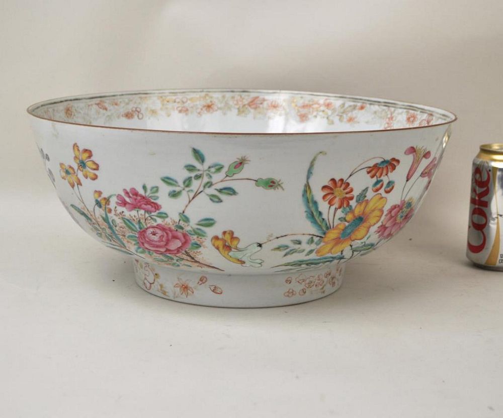 Appraisal: Chinese Export Famile Rose Porcelain Punch Bowl with bird and