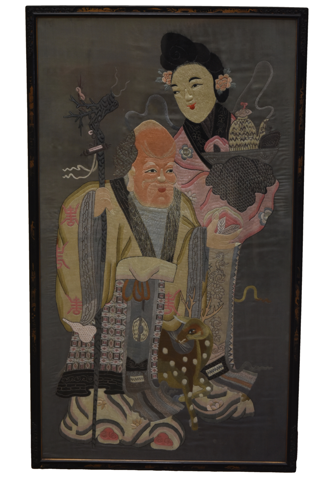 Appraisal: LARGE FRAMED CHINESE EMBROIDERY OF SHOU DEITY A large embroidery