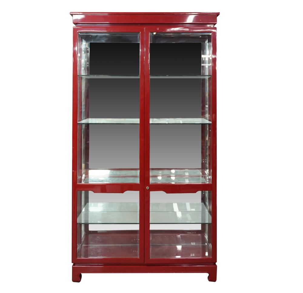 Appraisal: ASIAN-STYLE RED-LACQUERED DISPLAY CABINETwith interior glass shelves Condition with scuffing