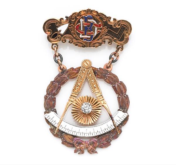 Appraisal: A diamond and enamel Masonic brooch circa in k bicolor