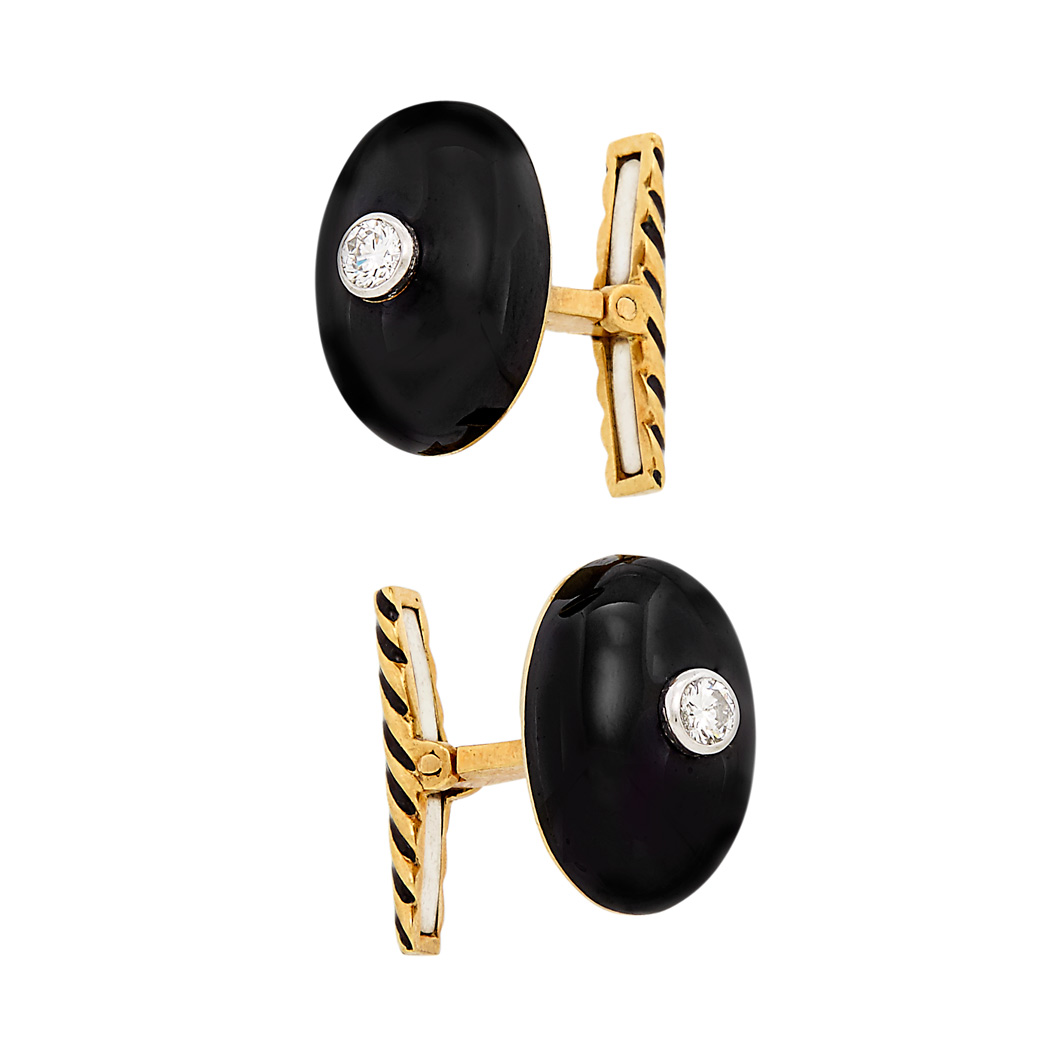 Appraisal: Pair of Gold Platinum Black Enamel and Diamond Cufflinks David