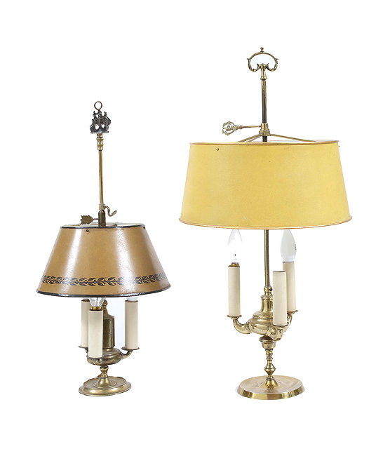 Appraisal: A BRASS THREE BRANCH HEIGHT ADJUSTABLE READING LIGHT with decorated