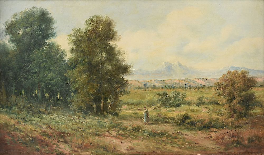 Appraisal: SAMUEL SPOKES th Century A PAINTING Landscape with Figure on