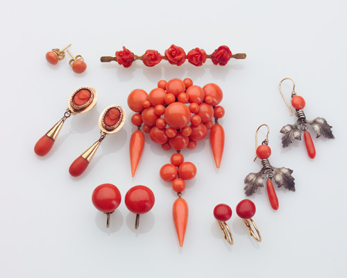 Appraisal: - Collection of coral earrings and brooches in gold and