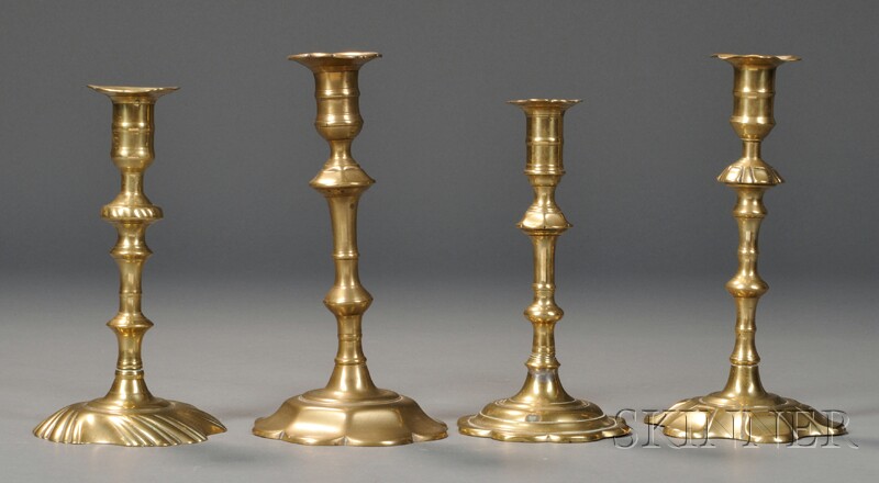 Appraisal: Four Assorted Queen Anne Brass Candlesticks England th century three