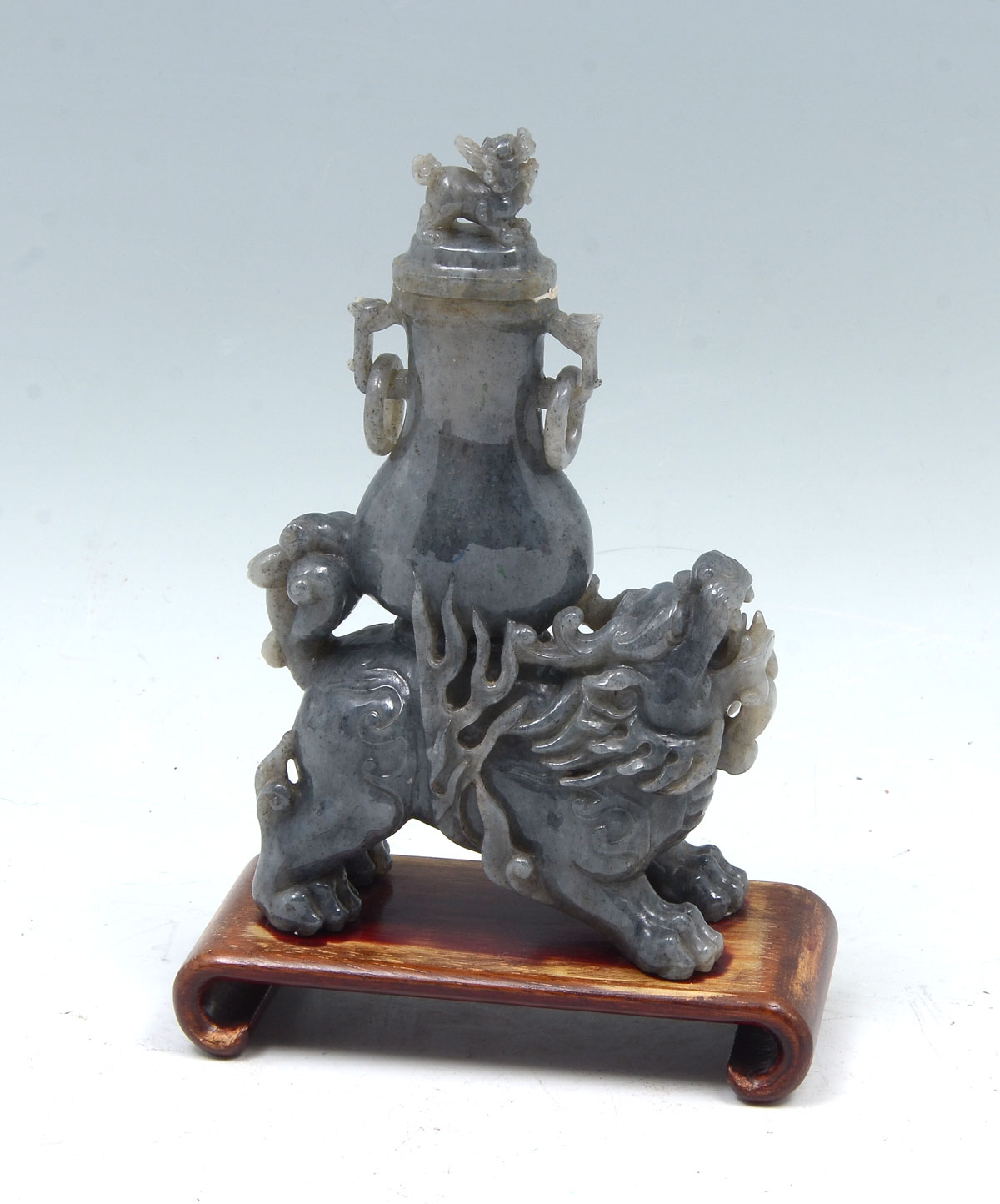 Appraisal: GREY HARDSTONE CHI-LIN FOO DOG SCULPTURE Chinese carved grey jade