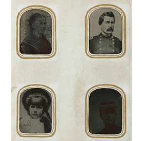 Appraisal: Civil War photo album partially filled with miniature tintypes inscribed