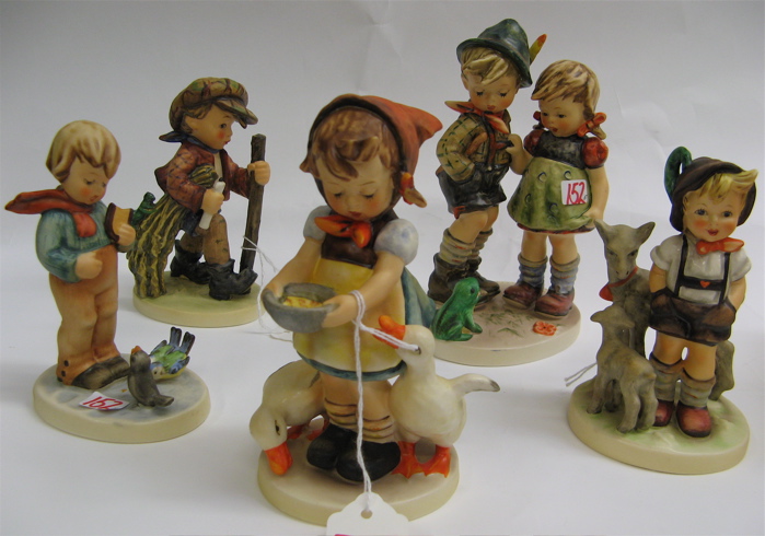 Appraisal: FIVE GERMAN HUMMEL FIGURINES Timid Little Sister HUM - H