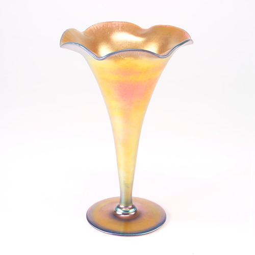 Appraisal: STEUBEN Gold Aurene glass trumpet vase with lily ruffled rim