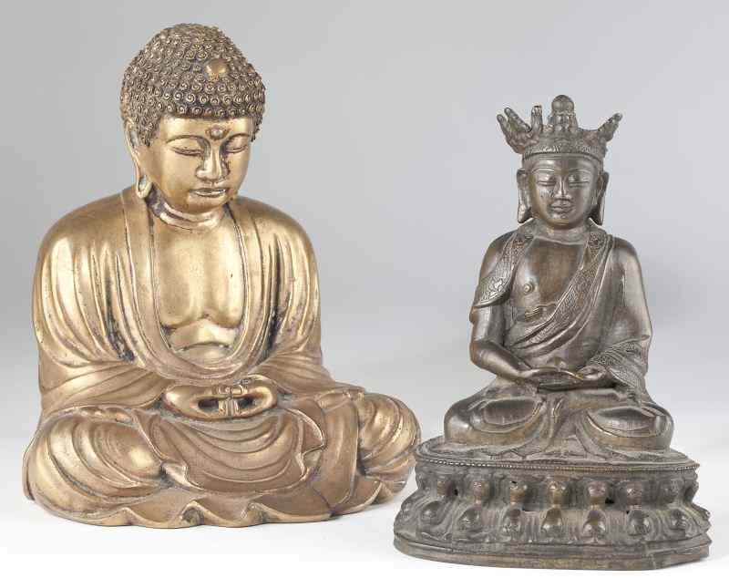 Appraisal: Two Cast Bronze Seated Buddha Statuettesthe first Chinese with signature