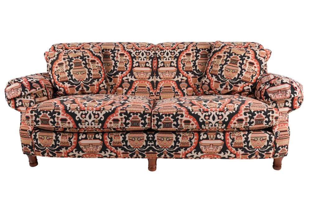 Appraisal: CUSTOM UPHOLSTERED SOFAcovered with Clarence House tapestry-style fabric with two