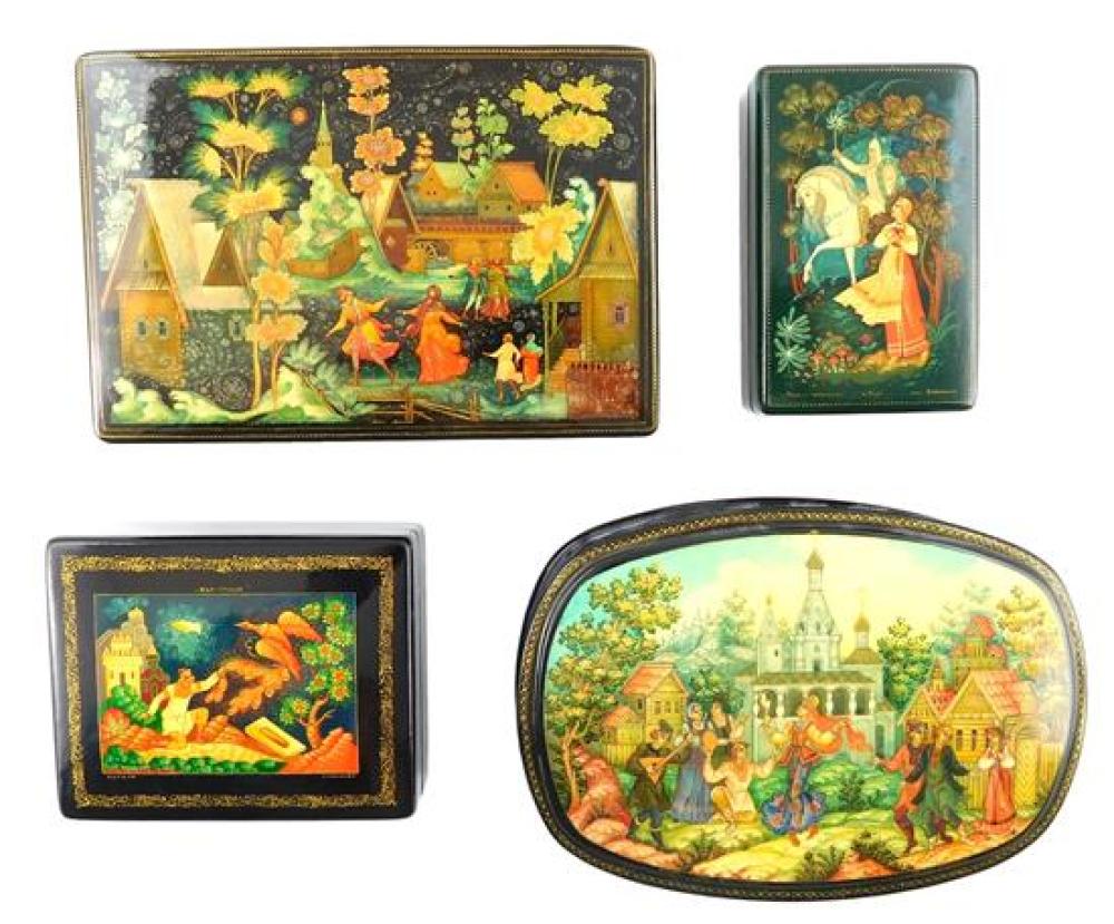 Appraisal: Russian hand-painted lacquer boxes four pieces details include Tanusha is