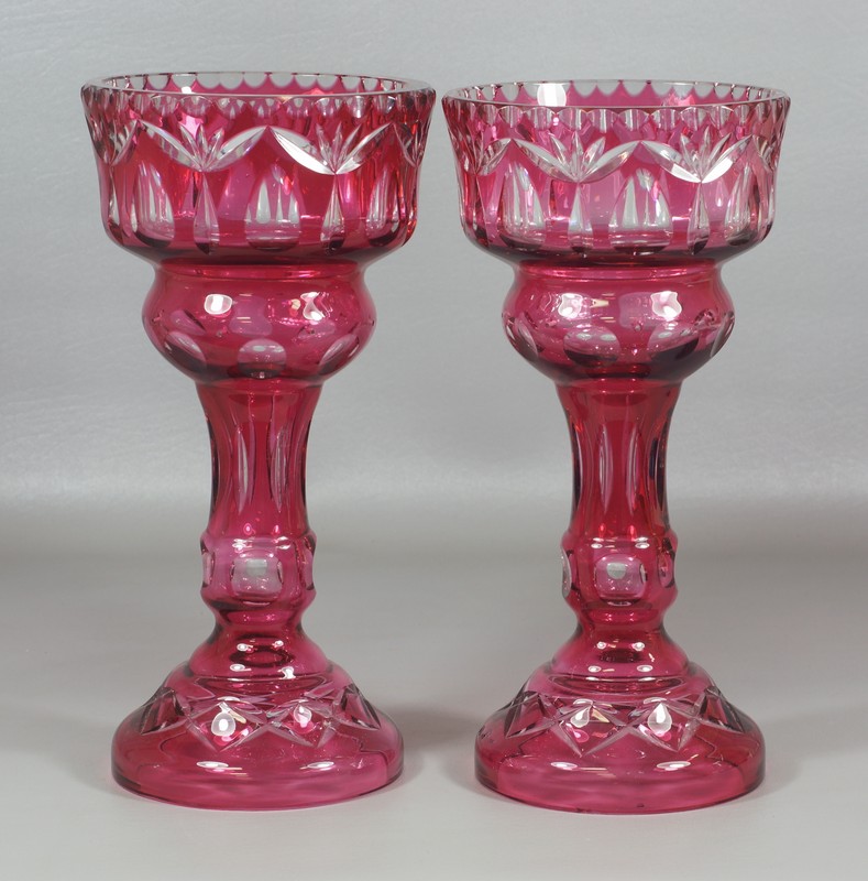 Appraisal: Pr cranberry cut to clear crystal lustres th c tall