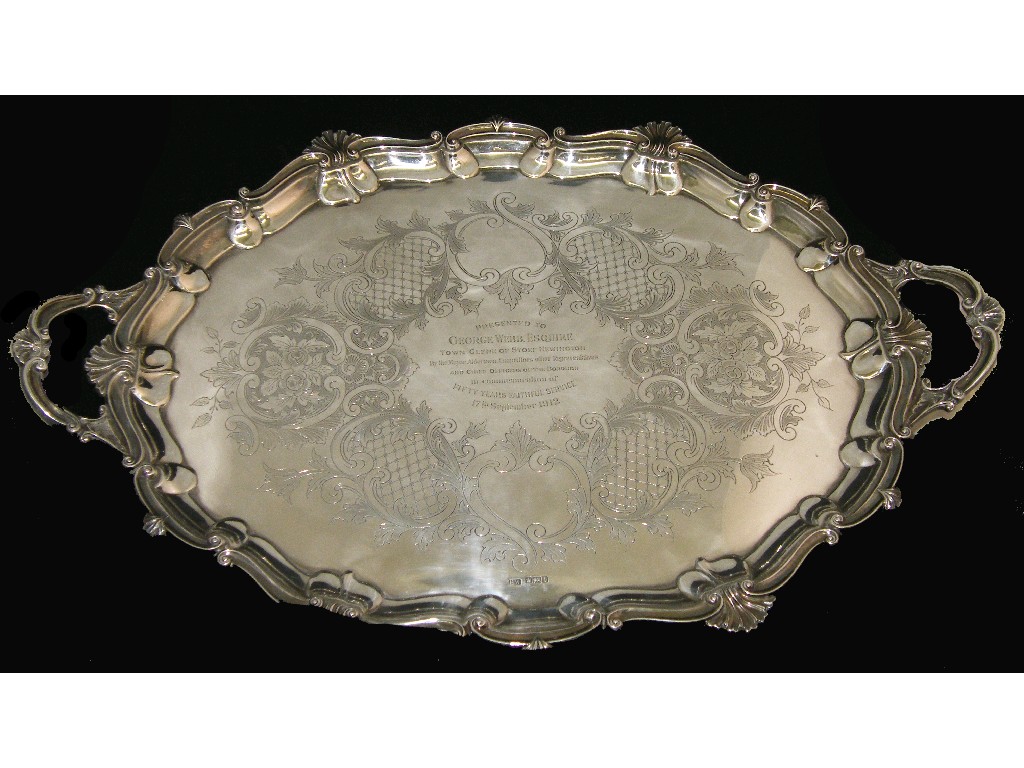 Appraisal: Impressive twin handled presentation oval tray by Henry Wilkinson with