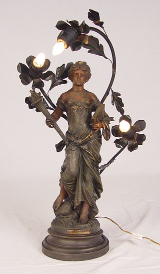 Appraisal: ART NOUVEAU FIGURAL LAMP Titled ''Science'' after Moreau Measures ''