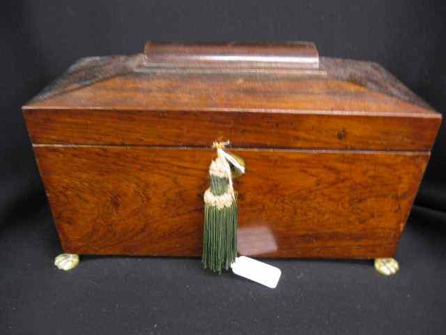 Appraisal: Rosewood Tea Caddy Box brass paw feet '' tall ''