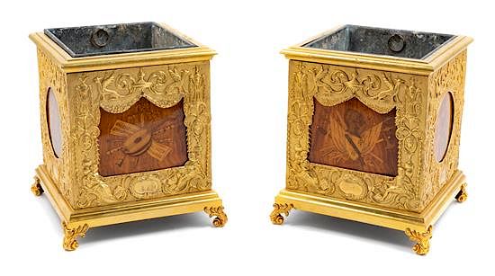 Appraisal: A Pair of Empire Style Gilt Bronze and Marquetry Cache