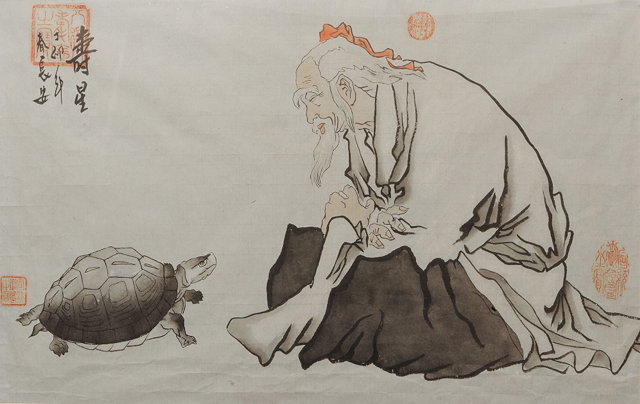 Appraisal: CHINESE SCHOOLA sage and a tortoise representing long life wash