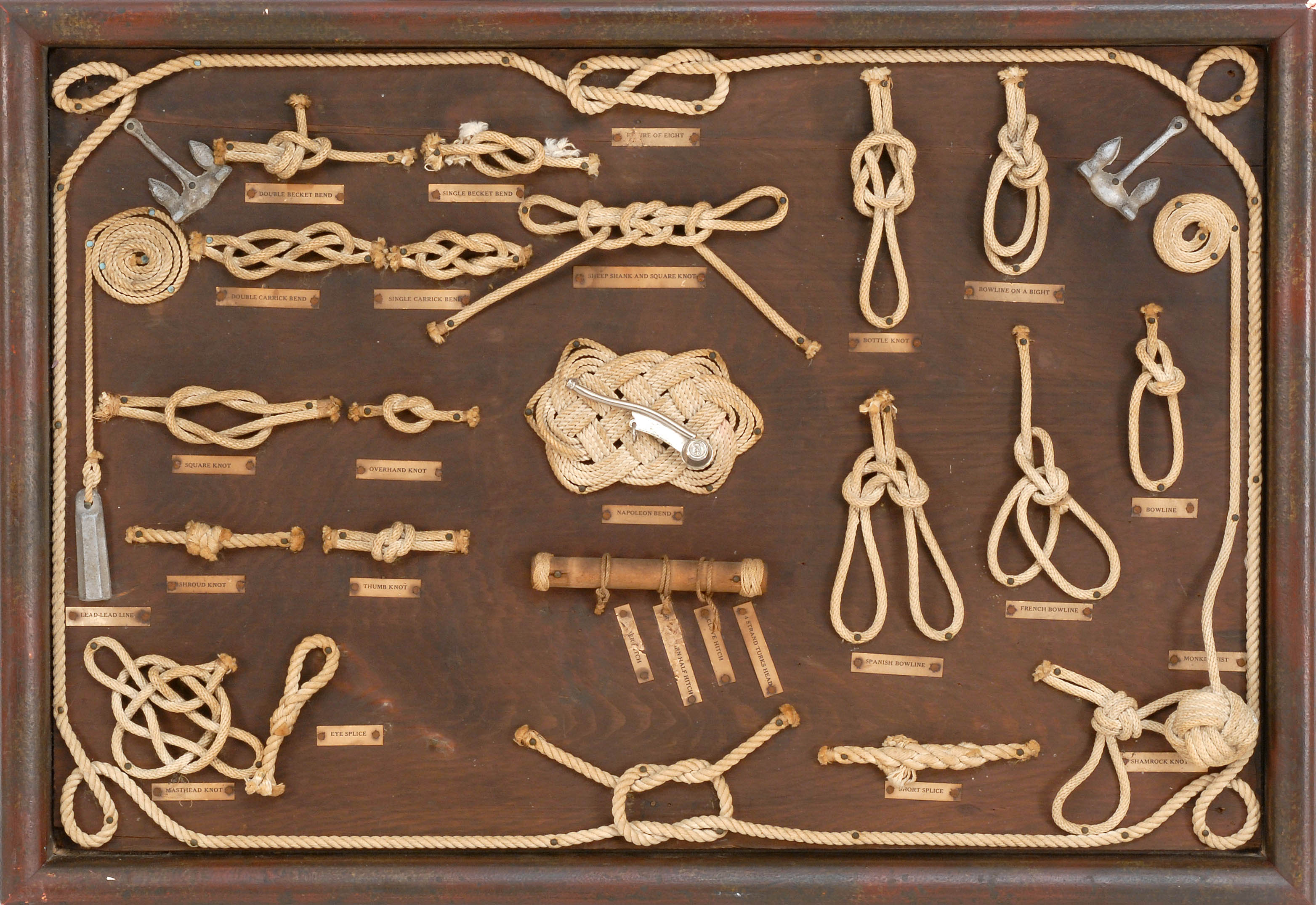 Appraisal: FRAMED DISPLAY OF NAUTICAL KNOTS Approximately twenty-five different knots all