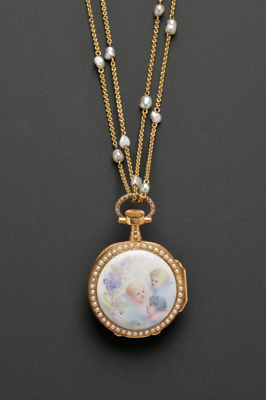 Appraisal: Antique kt Gold Enamel and Seed Pearl Pendant Watch Patek