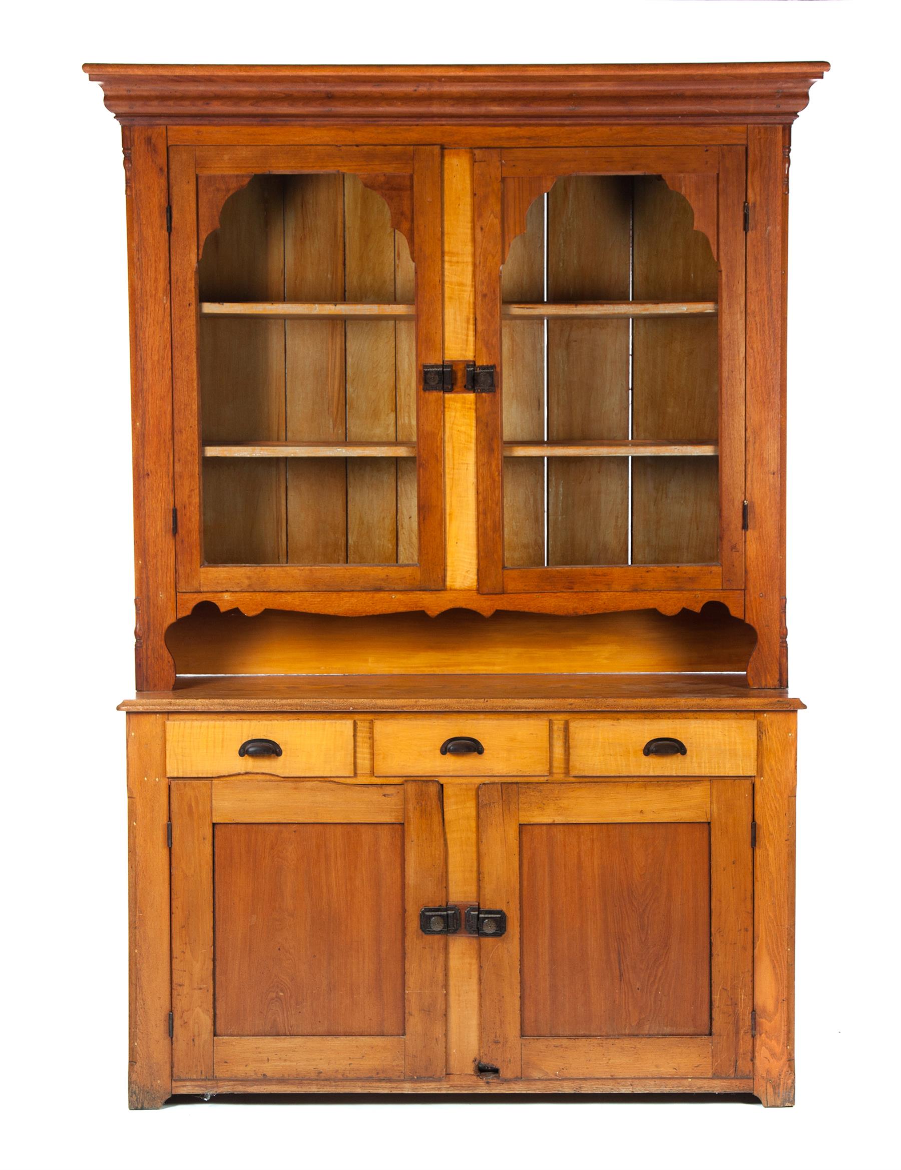 Appraisal: TWO-PIECE STEPBACK CUPBOARD American late th century Molded cornice beveled