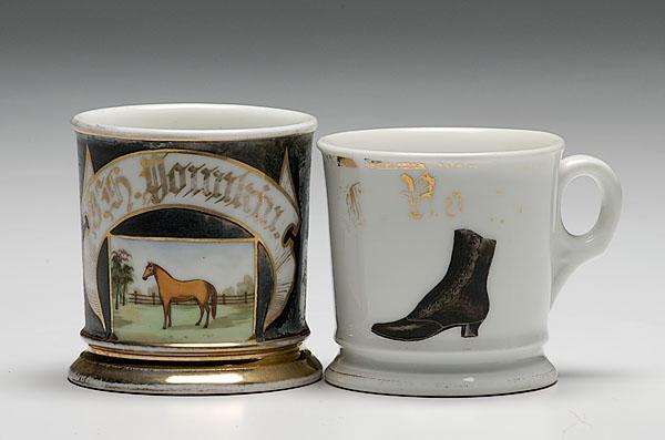 Appraisal: TWO OCCUPATIONAL SHAVING MUGS COBBLER AND HORSEMAN Lot of two