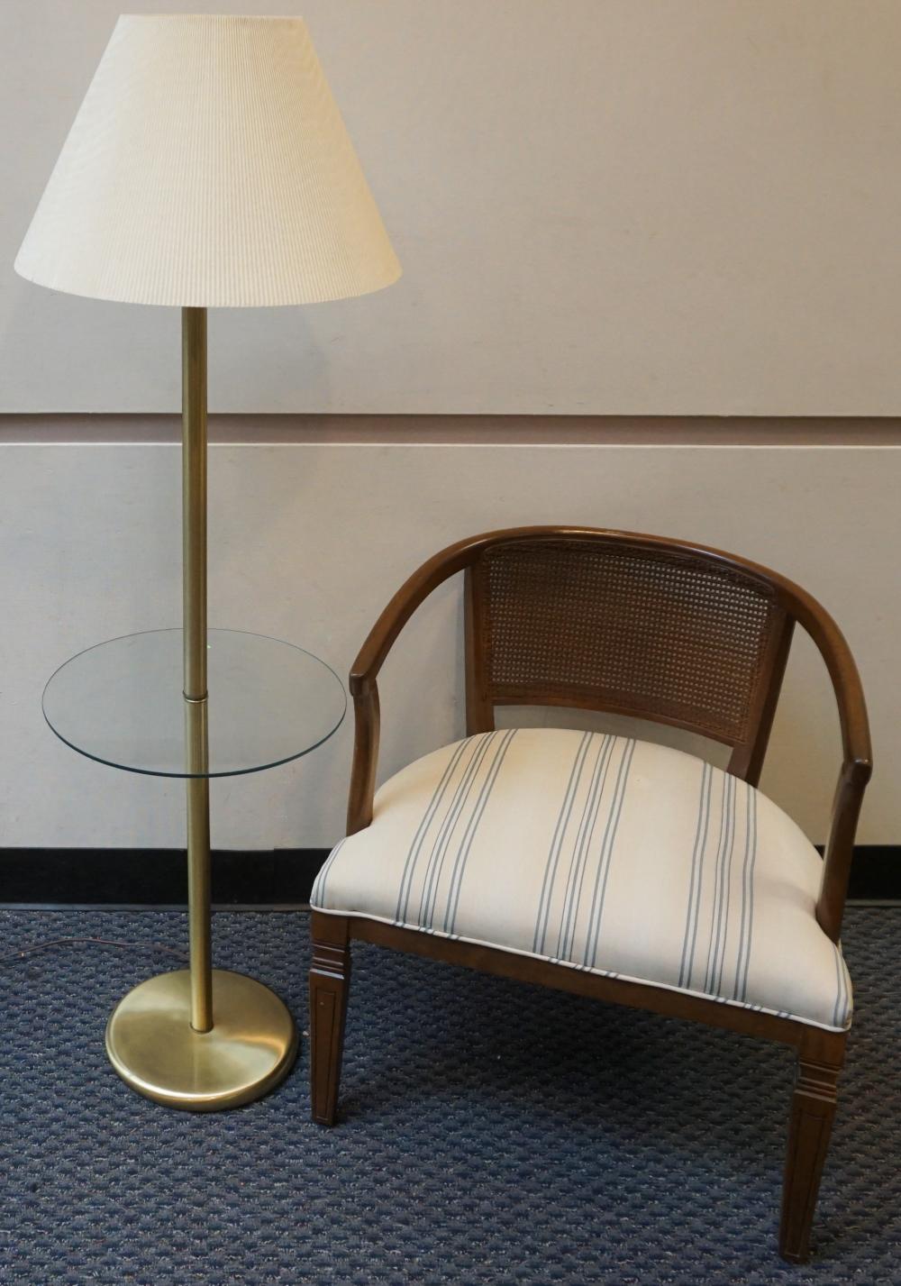 Appraisal: MID-CENTURY WALNUT CANED BACK CHAIR AND BRASS SMOKER FLOOR LAMP