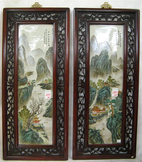 Appraisal: PAIR CHINESE OIL PAINTINGS ON PORCELAIN Each a mountain landscape