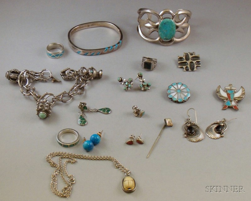 Appraisal: Small Group of Mostly Southwestern Silver Jewelry many examples set