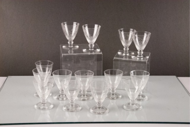 Appraisal: Fourteen Richard Bishop Cordial Glasses Etch Fourteen Richard Bishop Cordial