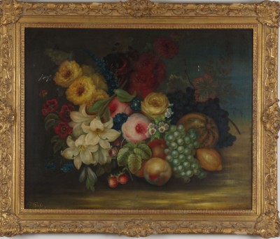 Appraisal: Fruit and floral still life oil on masonite x SLL