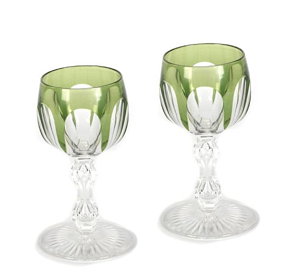 Appraisal: A set of six green-flashed glass goblets together with an