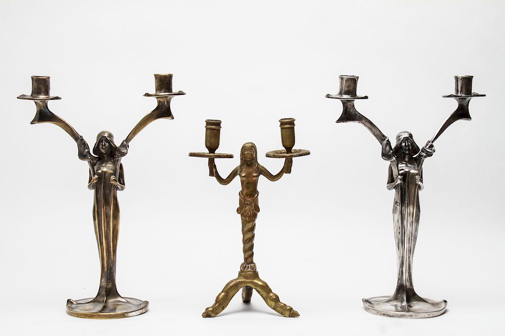 Appraisal: Art Nouveau Candlesticks Silver-Plate Brass Art Nouveau double candlesticks silver-plate