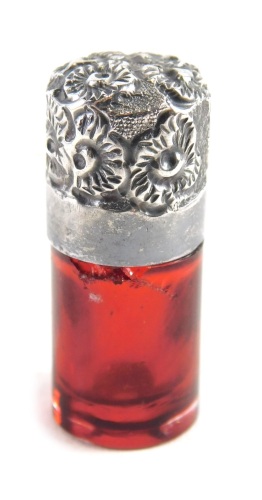 Appraisal: A Victorian silver and cranberry glass miniature scent bottle probably