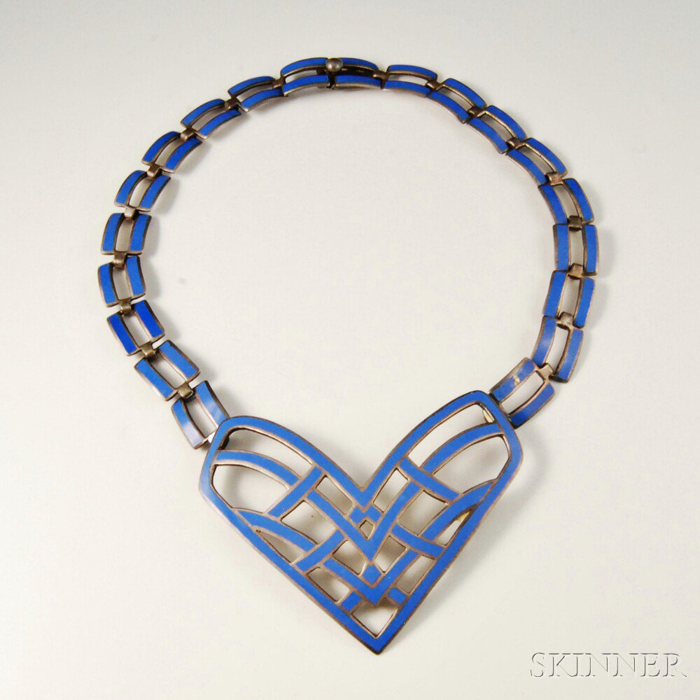 Appraisal: Mexican Sterling Silver and Enamel Necklace a geometric heart with