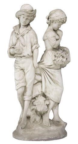 Appraisal: Cast concrete garden sculpture th c young boy holding an