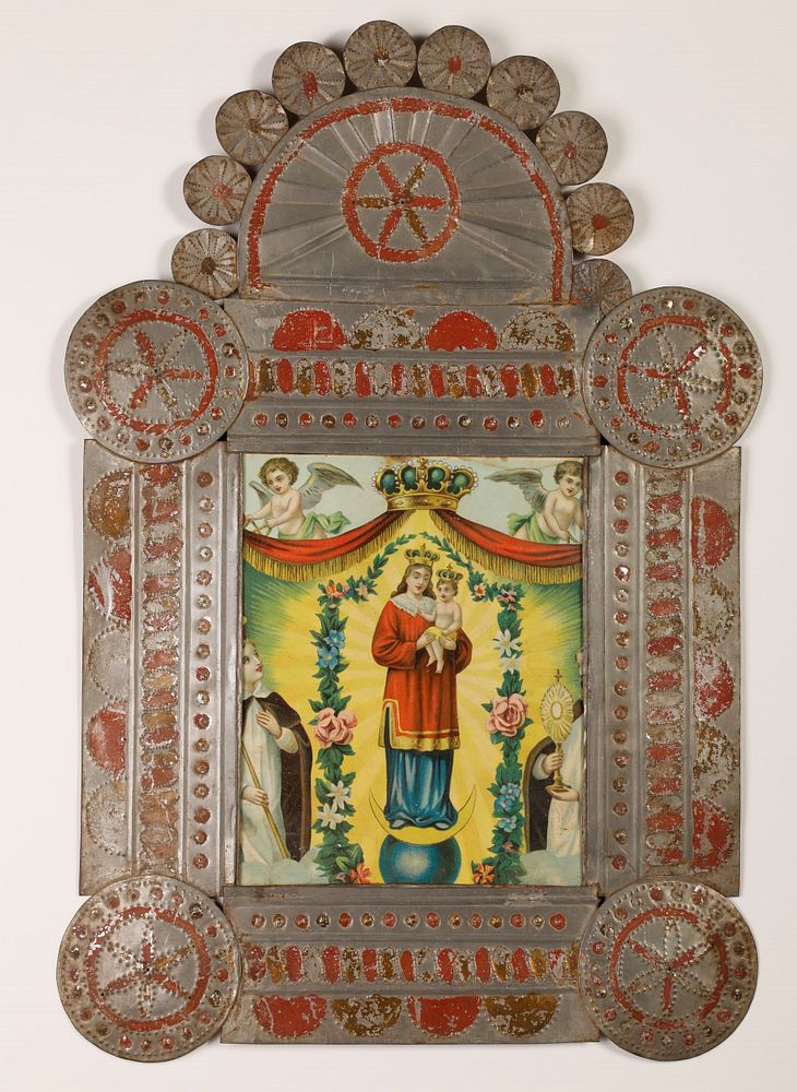 Appraisal: Tin Frame with Devotional Print ca Attributed to Valencia Red