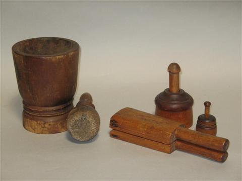 Appraisal: FIVE AMERICAN WOOD OBJECTS Including a mortar and pestle two