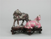 Appraisal: Rhodonite Carving of Horses Natural colors of rhodonite skilfully incorporated