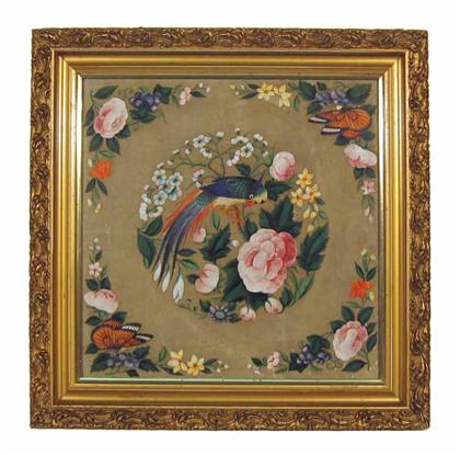 Appraisal: Painting on silk exotic bird and flowers th century H