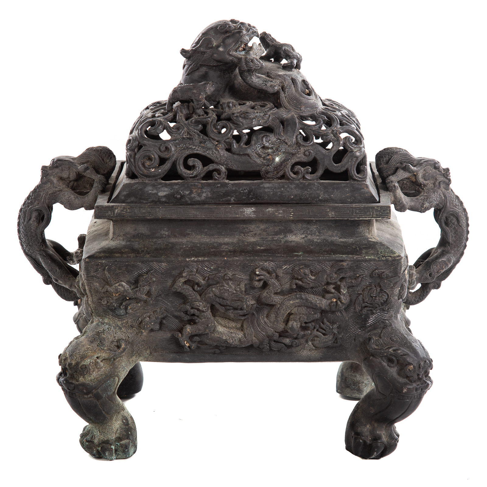 Appraisal: CHINESE BRONZE CENSER th century pierced lid with foo dog