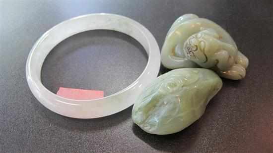 Appraisal: CHINESE BANGLE AND TWO CARVED STONE ITEMS