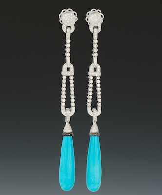 Appraisal: A Pair of Extra Long Turquoise and Diamond Earrings k