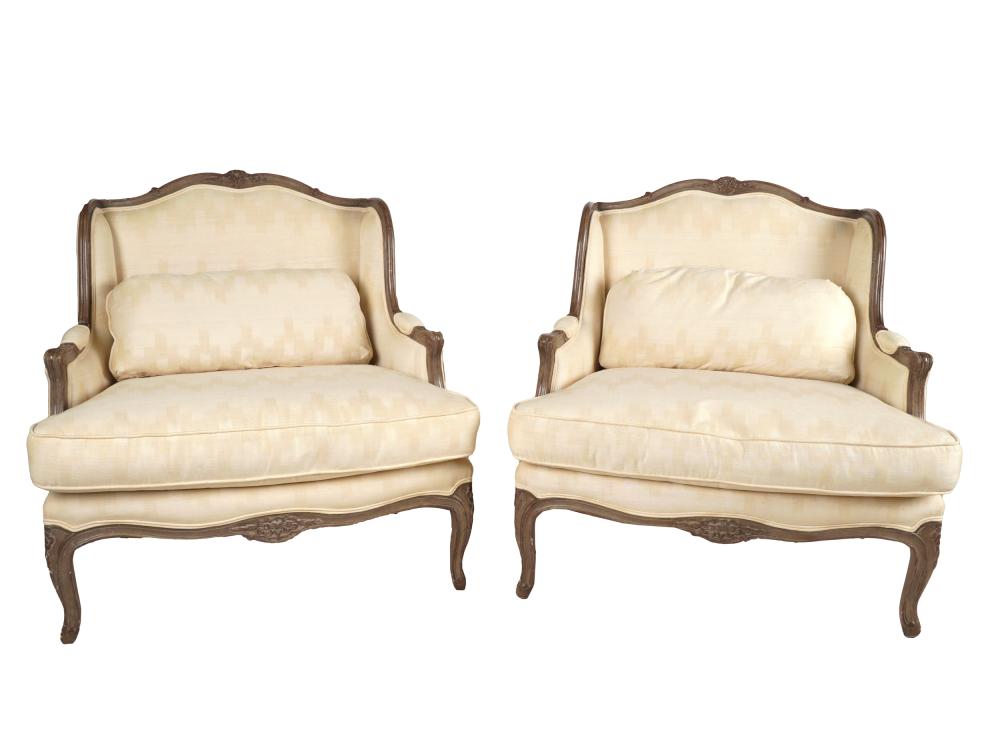 Appraisal: PAIR OF LOUIS XV-STYLE BERGERES th century manufacturer unknown covered