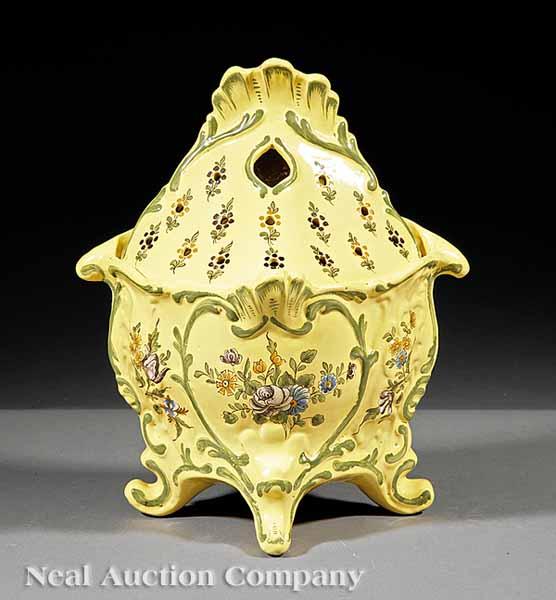 Appraisal: A French Faience Lidded Bouquetiere or Potpourri Holder the flat-backed