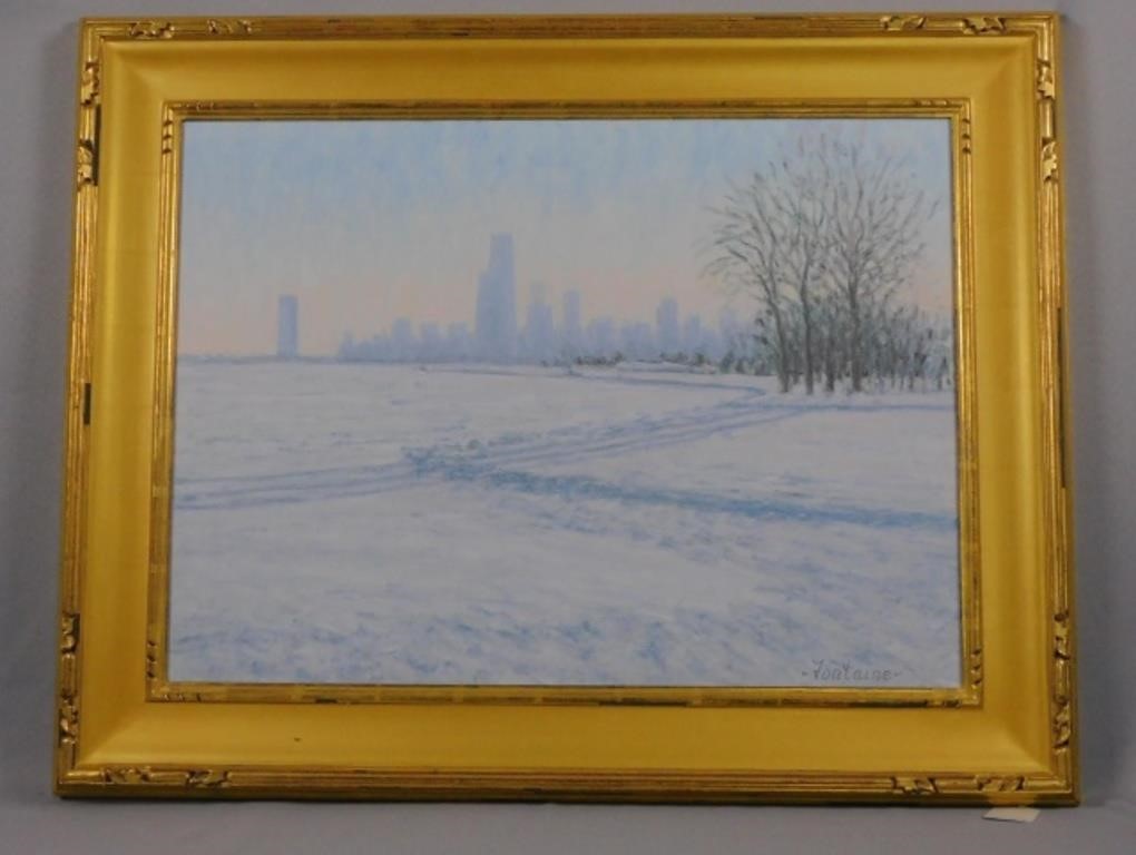 Appraisal: painting on canvas Boston cityscape in winter Depicts a snowy