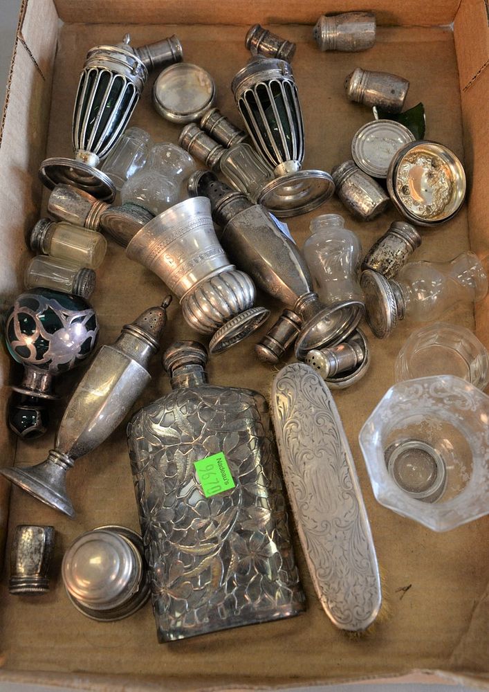 Appraisal: Silver Lot to include overlay flask perfume pepper shakers etc