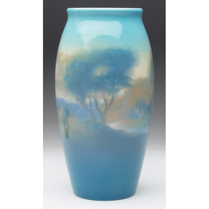 Appraisal: Rare Rookwood vase porcelain glaze finely painted landscape by Fred