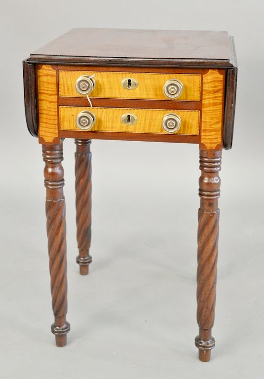 Appraisal: Sheraton mahogany drop leaf two drawer stand with tiger maple