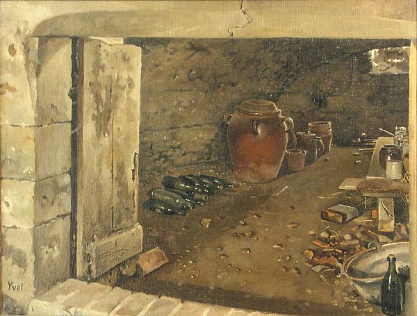 Appraisal: Claude Yvel French In the cellar signed 'Yvel' lower left